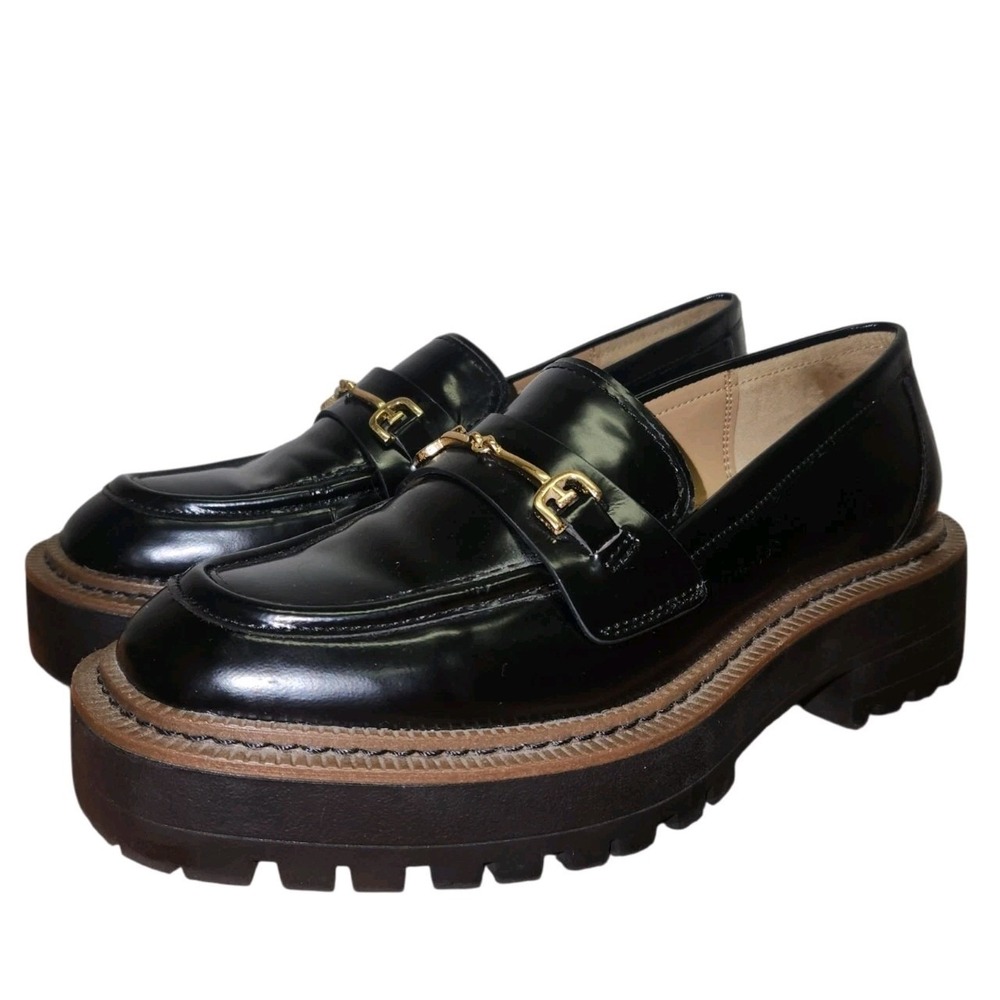 Sam Edelman Laurs Black Chunky Lug Sole Loafers Gold Buckles Women's 6 M